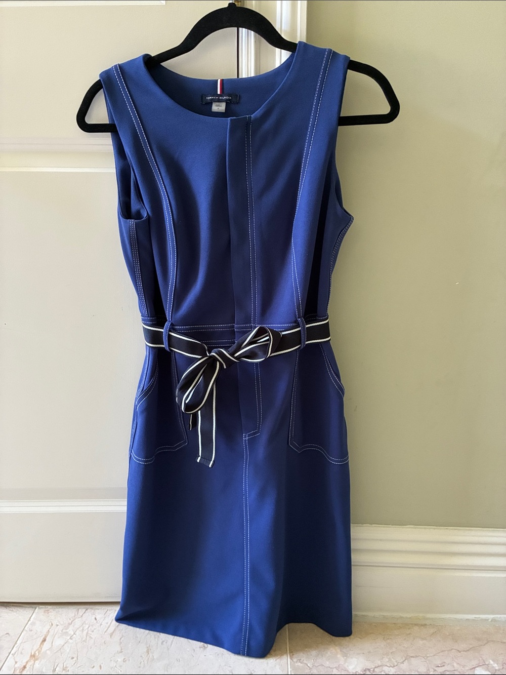 Tommy Hilfiger Royal Blue Sleeveless Midi Dress with Contrast Belt